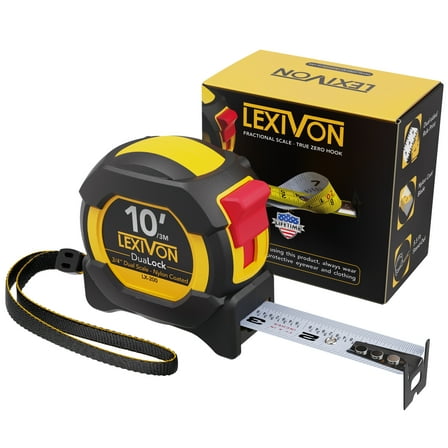 LEXIVON 10Ft/3m DuaLock Tape Measure | 3/4-Inch Wide Blade with Nylon Coating, Matte Finish White & Yellow Dual Sided Rule Print | Ft/Inch/Fractions/Metric (LX-200)
