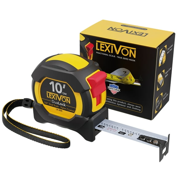 LEXIVON 10Ft/3m DuaLock Tape Measure | 3/4-Inch Wide Blade with Nylon Coating, Matte Finish White & Yellow Dual Sided Rule Print | Ft/Inch/Fractions/Metric (LX-200)