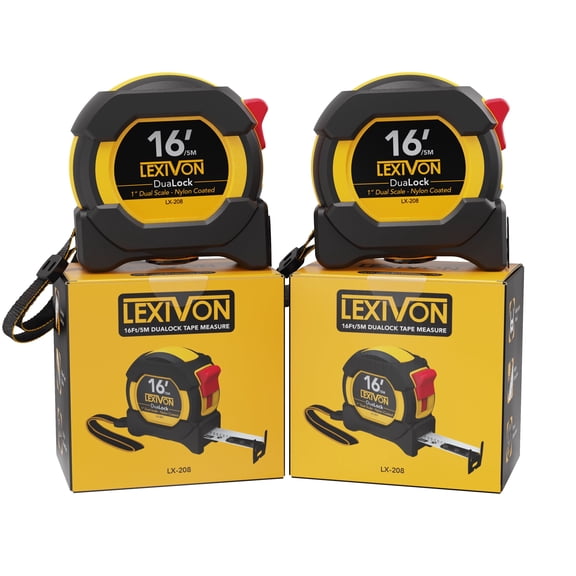 LEXIVON [2-Pack] 16Ft/5m DuaLock Tape Measure | 1-Inch Wide Blade with Nylon Coating, Matt Finish White & Yellow Dual Sided Rule Print | Ft/Inch/Fractions/Metric (LX-208)