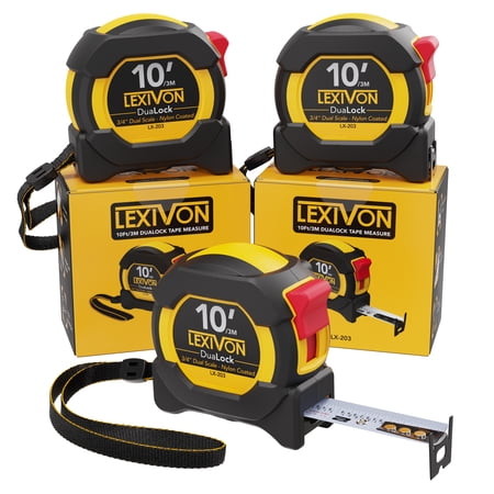 LEXIVON [3-Pack] 10Ft/3m DuaLock Tape Measure | 3/4-Inch Wide Blade With Nylon side, Matte Finish White & Yellow Dual Sided Rule Print | Ft/Inch/Fractions/Metric (LX-203)