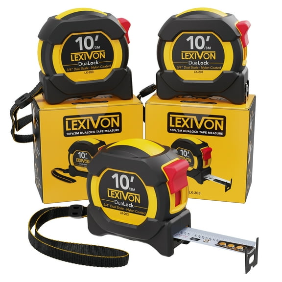 LEXIVON [3-Pack] 10Ft/3m DuaLock Tape Measure | 3/4-Inch Wide Blade With Nylon side, Matte Finish White & Yellow Dual Sided Rule Print | Ft/Inch/Fractions/Metric (LX-203)