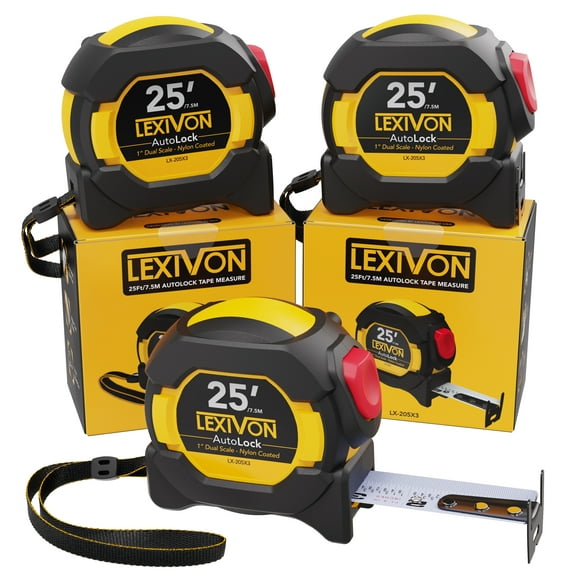 LEXIVON [3-Pack] 25Ft/7.5m AutoLock Tape Measure | 1-Inch Wide Blade with Nylon Coating, Matte Finish White & Yellow Dual Sided Rule Print | Ft/Inch/Fractions/Metric (LX-205X3)