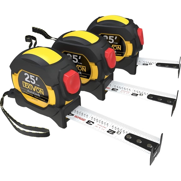 LEXIVON [3-Pack] 25Ft/7.5m AutoLock Tape Measure | 1-Inch Wide Blade with Nylon Coating, Matte Finish White & Yellow Dual Sided Rule Print | Ft/Inch/Fractions/Metric (LX-205X3)