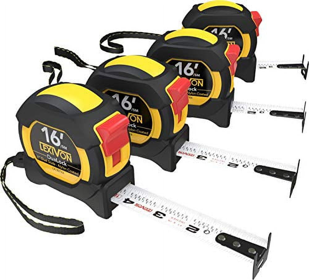 LEXIVON [4-Pack] 16Ft/5m DuaLock Tape Measure | 1-Inch Wide Blade with Nylon side, Matte Finish White & Yellow Dual Sided Rule Print | Ft/Inch/Fractions/Metric (LX-207X4)