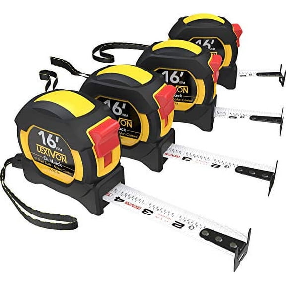 LEXIVON [4-Pack] 16Ft/5m DuaLock Tape Measure | 1-Inch Wide Blade with Nylon side, Matte Finish White & Yellow Dual Sided Rule Print | Ft/Inch/Fractions/Metric (LX-207X4)