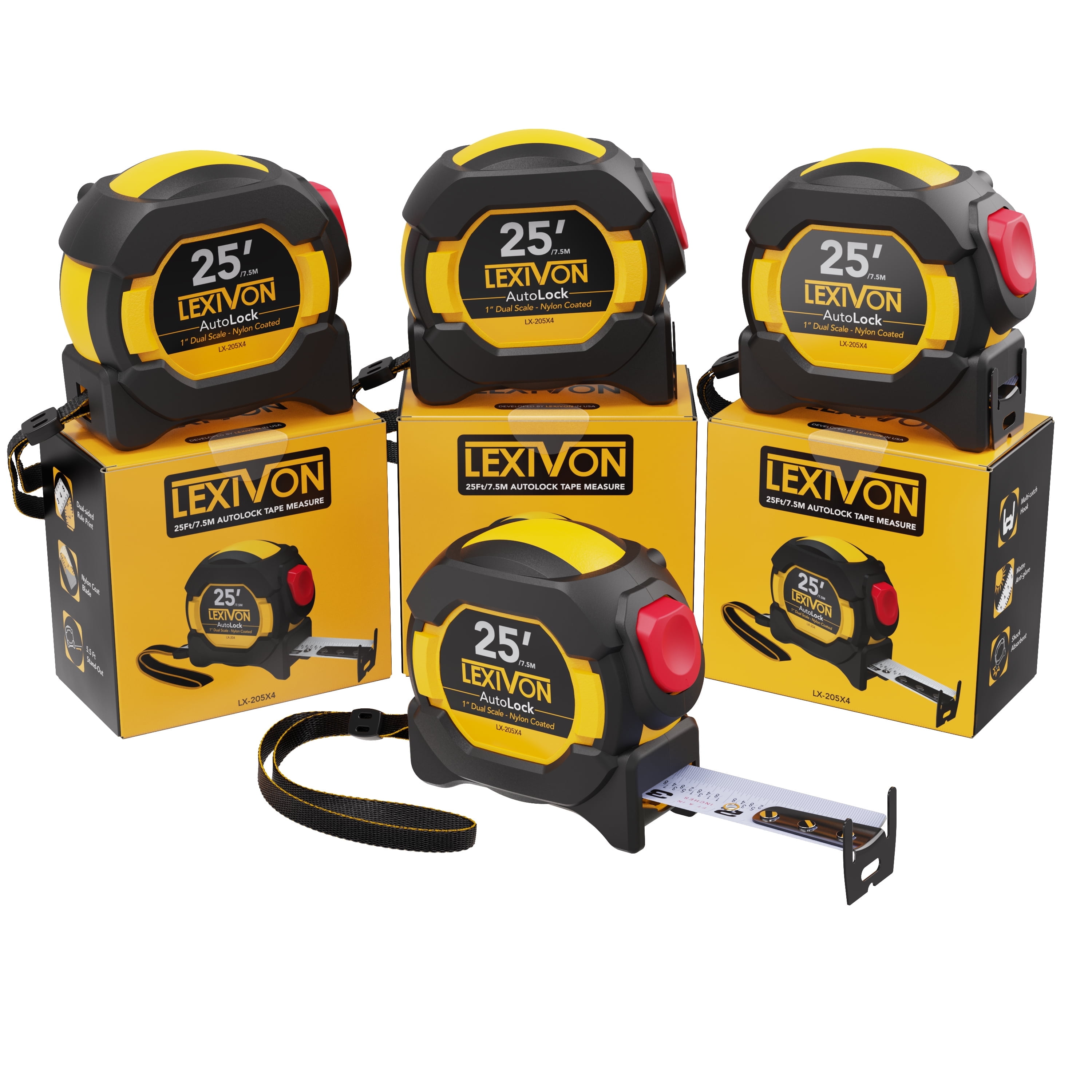 LEXIVON 4-Pack 25ft Tape Measure, AutoLock, 1-Inch Blade (LX-204X2)