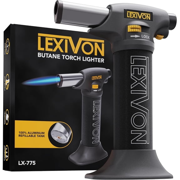 LEXIVON Butane Torch Lighter, Refillable Kitchen Cooking Torch | Self-Igniting with Safety Lock and Adjustable Flame | Pro-Grade Aluminum Tank (LX-775)
