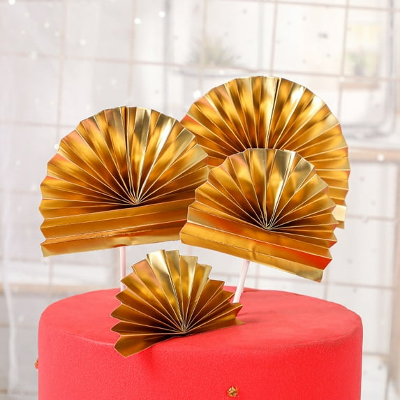 LEXSOMEO 15pcs Gold Fan Shaped Cake Toppers For Birthday Cake Decorations Chinese Cake Decorations Wedding Cake Topper And Tropical Cake Decoration