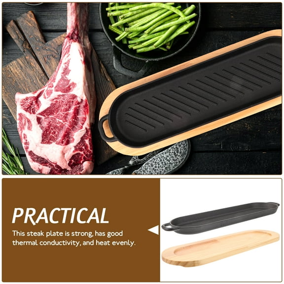 RENACLIPY Cast Iron Steak Plate with Wooden Serving Tray, Even Heat Grill Pan for Home Cooking and Serving