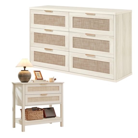 LEYAOYAO 2-Piece Rattan Bedroom Furniture Set, 48" Wide 6 Drawer Dresser and 2 Drawer Nightstand with Open Storage Shelf, Grey White