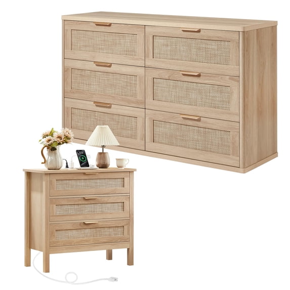 LEYAOYAO 2-Piece Rattan Bedroom Furniture Set, 48" Wide 6 Drawer Dresser and 3 Drawer Nightstand with Charging Station, Natural