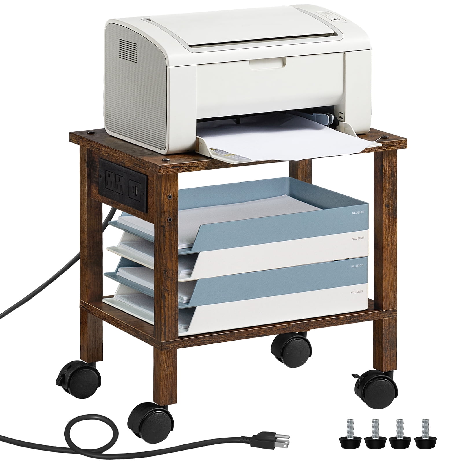 LEYAOYAO 2-Tier Printer Stand for Desk with Storage, Wooden Desktop Organizer Shelf & Charging Station, Saves Space for Home Office, Brown