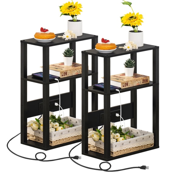 LEYAOYAO 2pc 3-Tier Narrow Side Table with Charging Station, Rustic Nightstand with USB Ports & Outlets for Small Spaces, Black