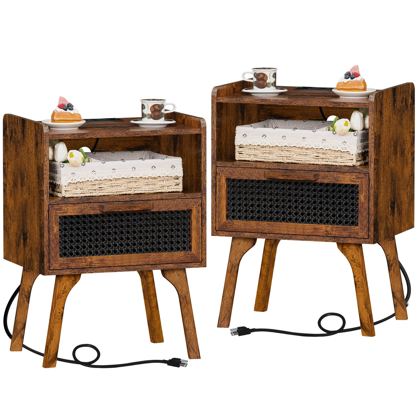 LEYAOYAO 2pc Nightstand with USB Ports, Woven Rattan Bedside Table with 1 Drawer and Lift-Up Legs, for Boho Bedroom, Brown