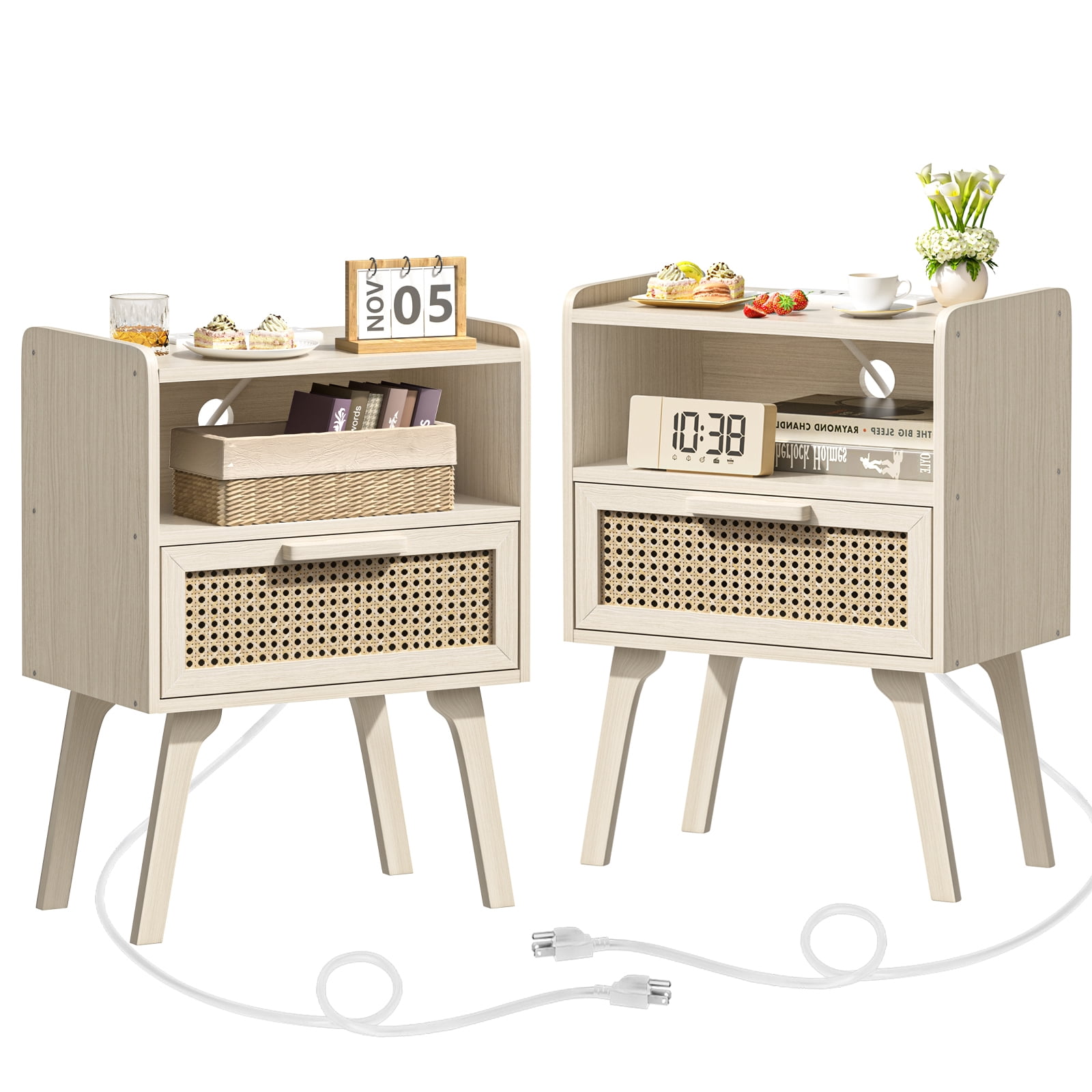 LEYAOYAO 2pc Nightstand with USB Ports, Woven Rattan Bedside Table with 1 Drawer and Lift-Up Legs, for Boho Bedroom, Grey
