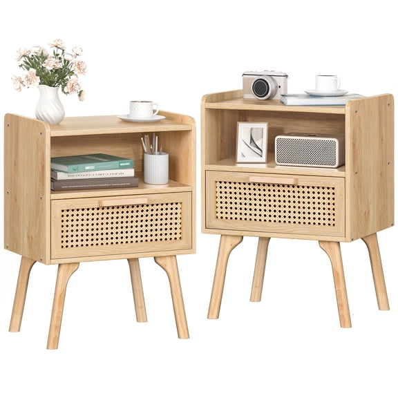 LEYAOYAO 2pc Nightstand with USB Ports, Woven Rattan Bedside Table with 1 Drawer and Lift-Up Legs, for Boho Bedroom, Wood