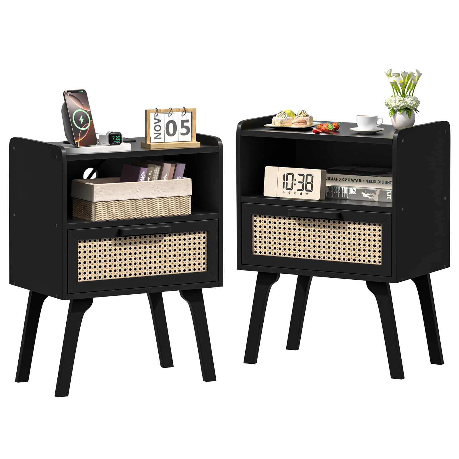 LEYAOYAO 2pc Rattan Nightstand, Modern Wicker Bedside Table with 1 Drawer & Tapered Legs, Boho Tea Color for Small Spaces, Black New