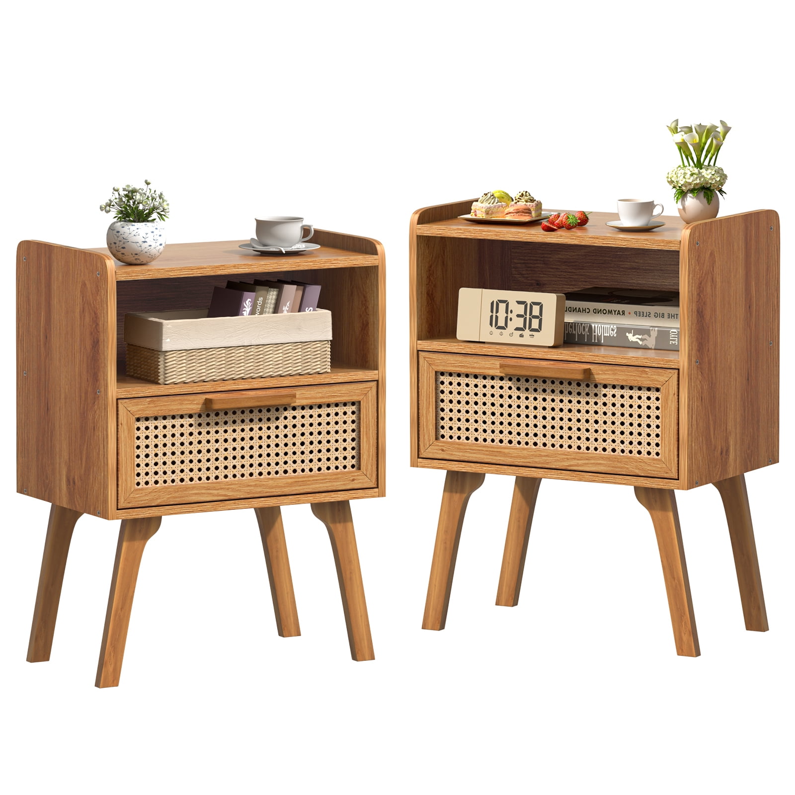 LEYAOYAO 2pc Rattan Nightstand, Modern Wicker Bedside Table with 1 Drawer & Tapered Legs, Boho Tea Color for Small Spaces, Tea Color