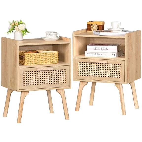 LEYAOYAO 2pc Rattan Nightstand, Modern Wicker Bedside Table with 1 Drawer & Tapered Legs, Boho Tea Color for Small Spaces, Wood