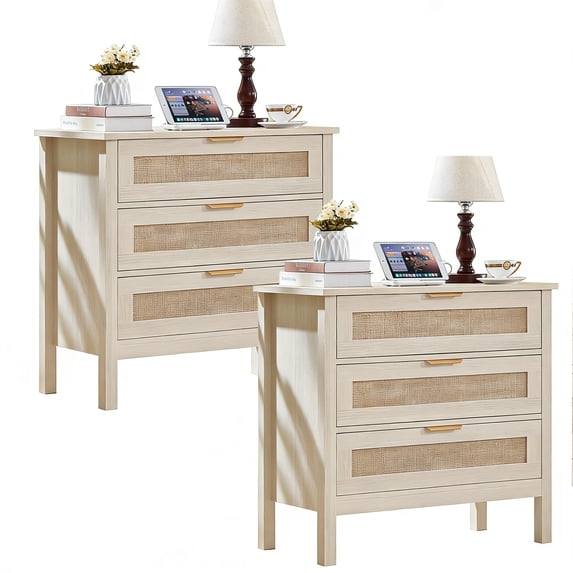LEYAOYAO 3 Drawer Nightstand with Charging Station Set of 2, Modern Bedside Table with Rattan Drawers, Wood Side Table for Bedroom, Living Room,White
