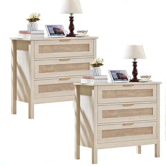 LEYAOYAO 3 Drawer Nightstand with Charging Station Set of 2, Modern Bedside Table with Rattan Drawers, Wood Side Table for Bedroom, Living Room,White