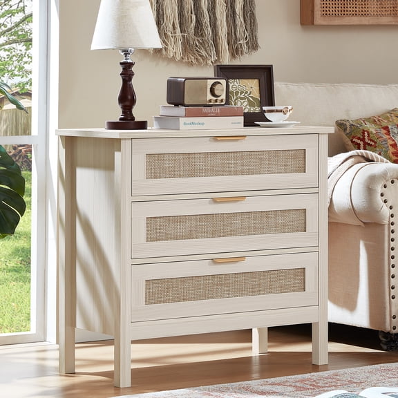 LEYAOYAO 3 Drawers Rattan Nightstand, Boho Bedside Table Large Night Table, Farmhouse End Side Table for Bedroom, Living Room, White