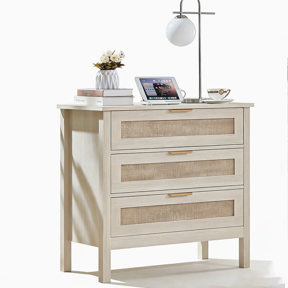 LEYAOYAO 3 Drawers Rattan Nightstand, Boho Bedside Table Large Night Table with Charging Station, Farmhouse End Side Table for Living Room, White