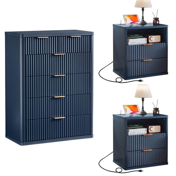 LEYAOYAO 3-Piece Bedroom Furniture Set, 6 Drawer Dresser and 2 Two-Drawer Nightstands with Open Shelves, Charging Station, Fluted Design, Navy Blue