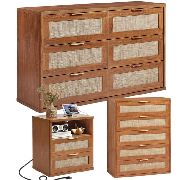 LEYAOYAO 3-Piece Boho Bedroom Furniture Set, Rattan 5 Drawer Dresser, 6 Drawer Dresser and 2 Drawer Nightstand with Charging Station, Tea Brown