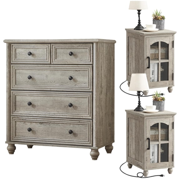 LEYAOYAO 3-Piece Farmhouse Dresser Set, 5 Drawer Storage Chest and 2 Narrow Nightstands with Charging Station, Bedroom Living Room Furniture, Grey