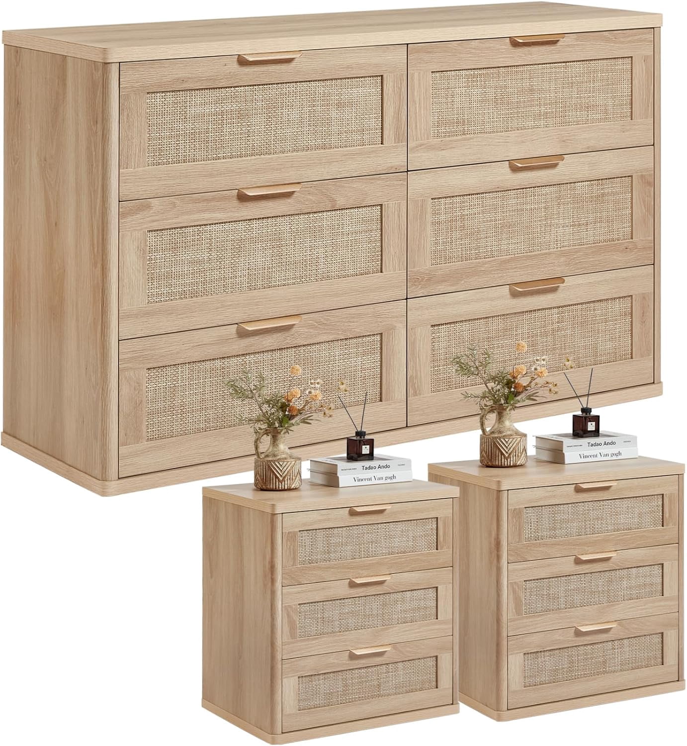 LEYAOYAO 3-Piece Rattan Dresser & Nightstand Set - Natural Oak 6-Drawer Dresser (48") & 2 Nightstands, Boho Bedroom Furniture Set with Storage