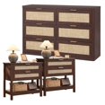 thumbnail image 1 of LEYAOYAO 3-Piece Rattan Dresser and Nightstand Set, 48" 6 Drawer Dresser and 2 Two-Drawer Boho Nightstands with Open Shelves for Bedroom, Walnut, 1 of 9