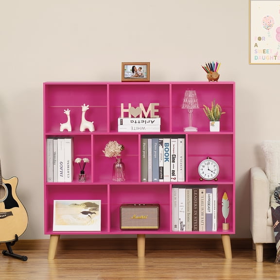 LEYAOYAO 3-Tier Bookcase with 10 Open Cubes, Modern Wooden Storage Rack, Multi-Use Shelf for Living Room, Office, Study, Pink