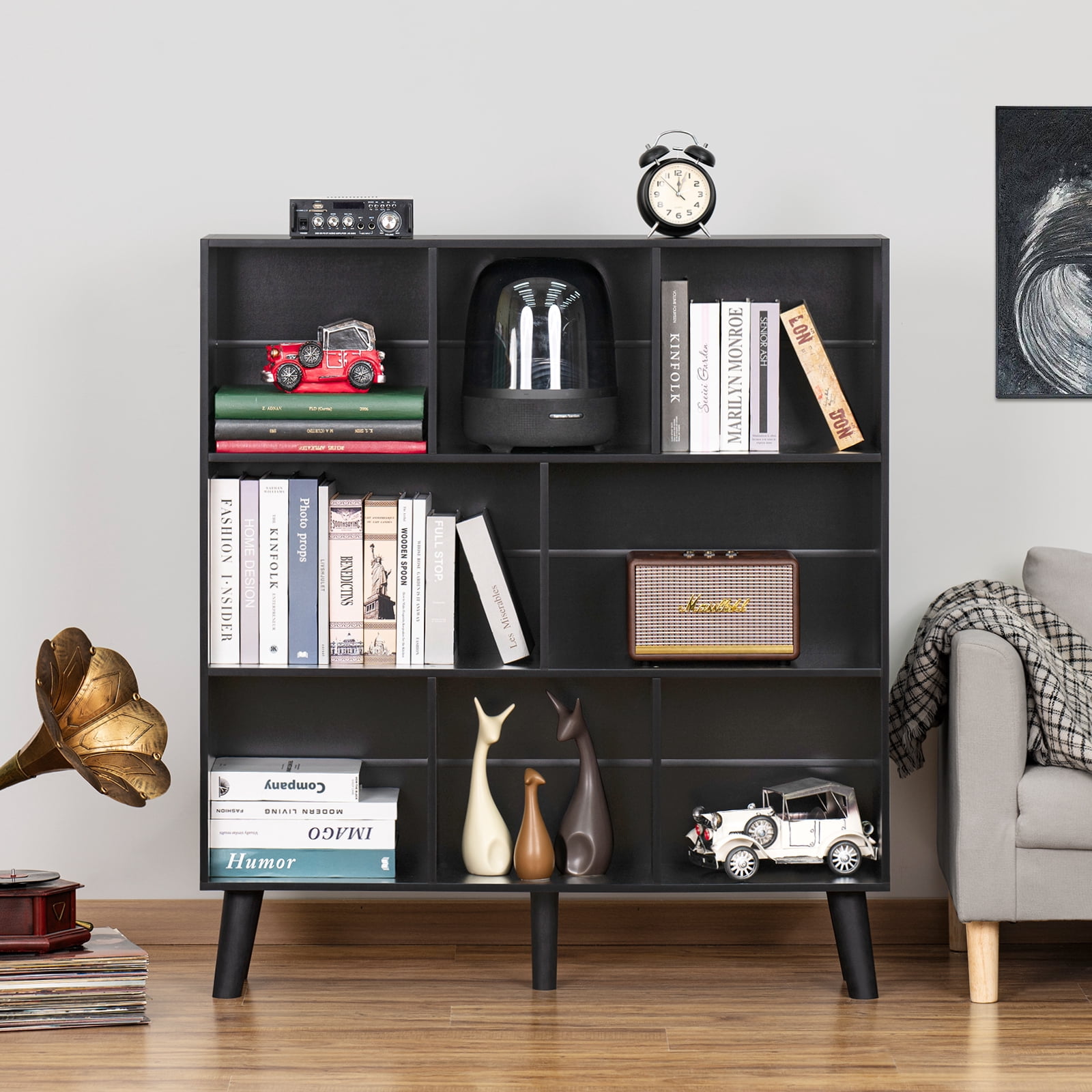 LEYAOYAO 3-Tier Bookcase with 8 Open Cubes, Modern Wooden Storage Rack, Multi-Use Shelf for Living Room, Office, Study, Black