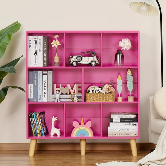 LEYAOYAO 3-Tier Bookcase with 8 Open Cubes, Modern Wooden Storage Rack, Multi-Use Shelf for Living Room, Office, Study, Pink