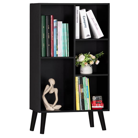 LEYAOYAO 3-Tier Bookshelf with 5 Open Cubes, Modern Wooden Storage Rack, Multi-Use Shelf for Living Room, Office, Study, Black