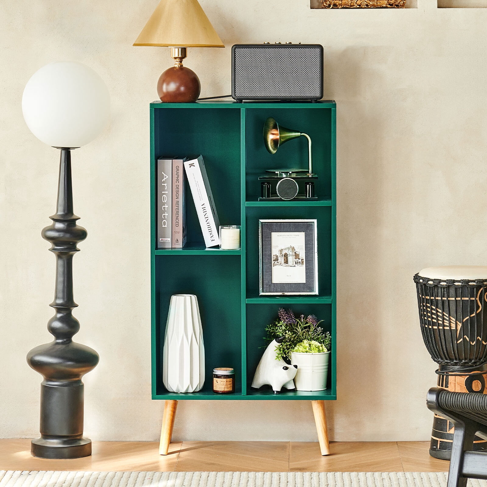 LEYAOYAO 3-Tier Bookshelf with 5 Open Cubes, Modern Wooden Storage Rack, Multi-Use Shelf for Living Room, Office, Study, Green