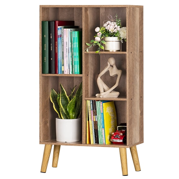 LEYAOYAO 3-Tier Bookshelf with 5 Open Cubes, Modern Wooden Storage Rack, Multi-Use Shelf for Living Room, Office, Study, Yellow