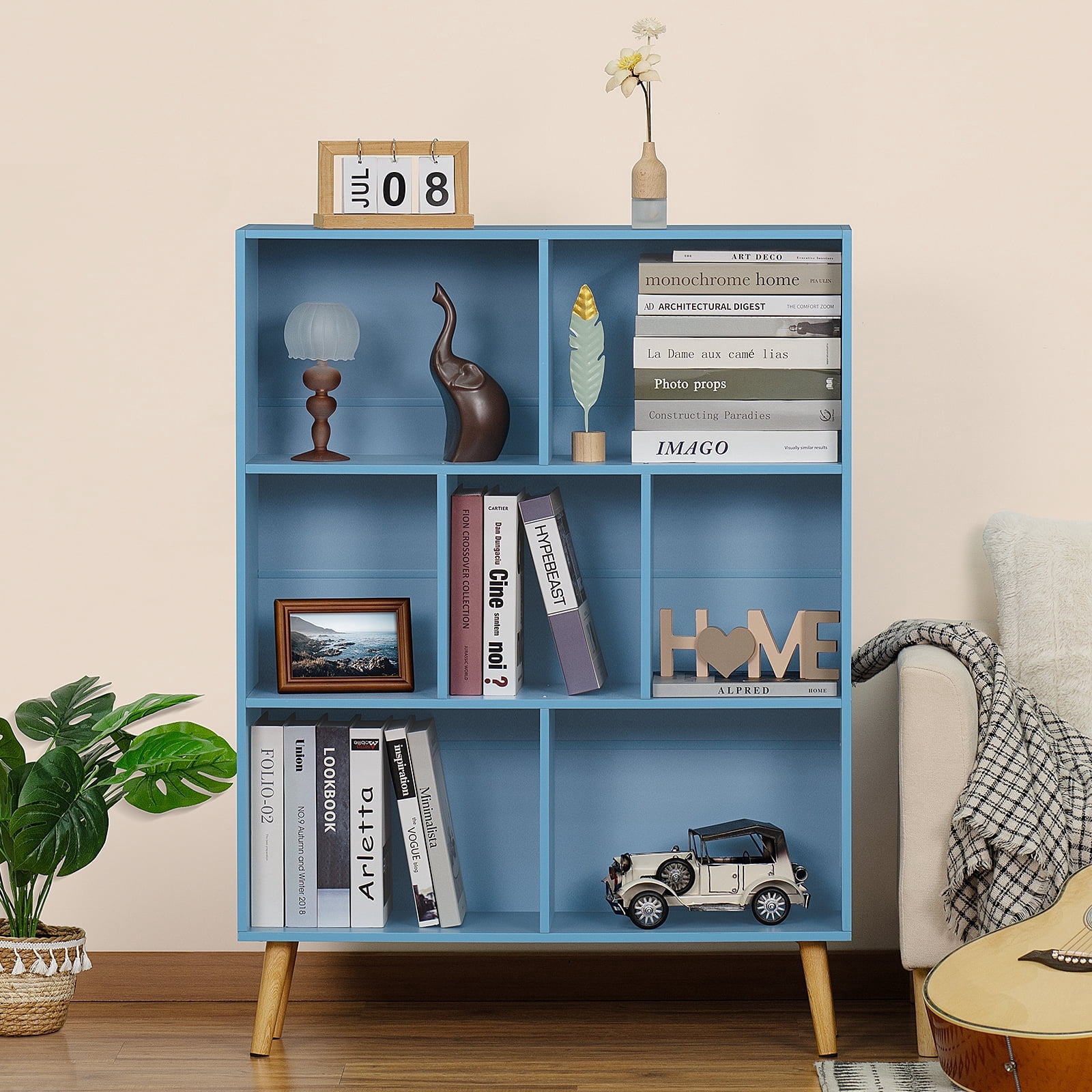 LEYAOYAO 3-Tier Bookshelf with 7 Open Cubes, Modern Wooden Storage Rack, Multi-Use Shelf for Living Room, Office, Study, Blue