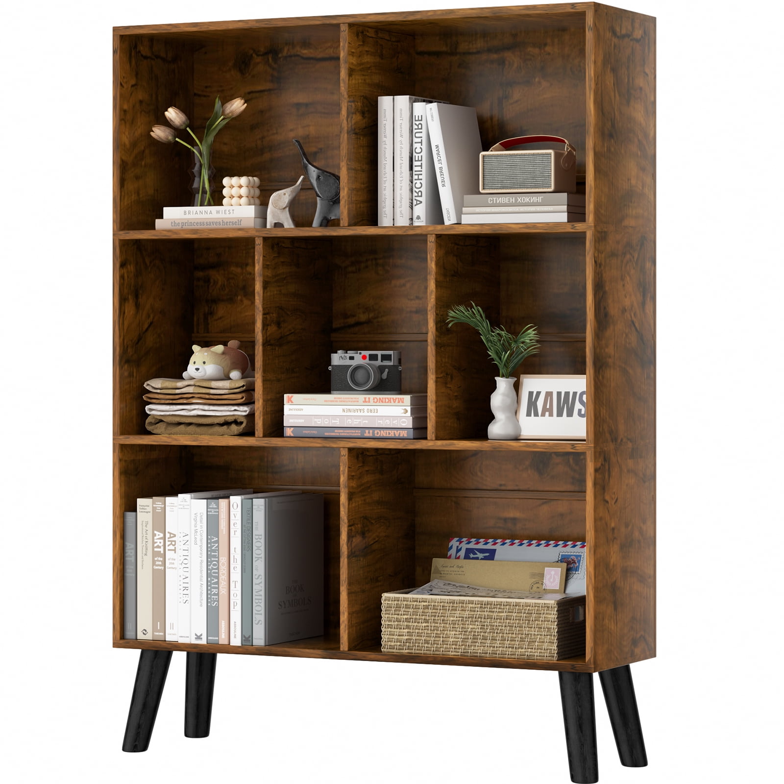 LEYAOYAO 3-Tier Bookshelf with 7 Open Cubes, Modern Wooden Storage Rack, Multi-Use Shelf for Living Room, Office, Study, Brown