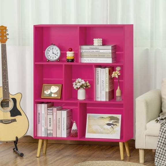 LEYAOYAO 3-Tier Bookshelf with 7 Open Cubes, Modern Wooden Storage Rack, Multi-Use Shelf for Living Room, Office, Study, Pink