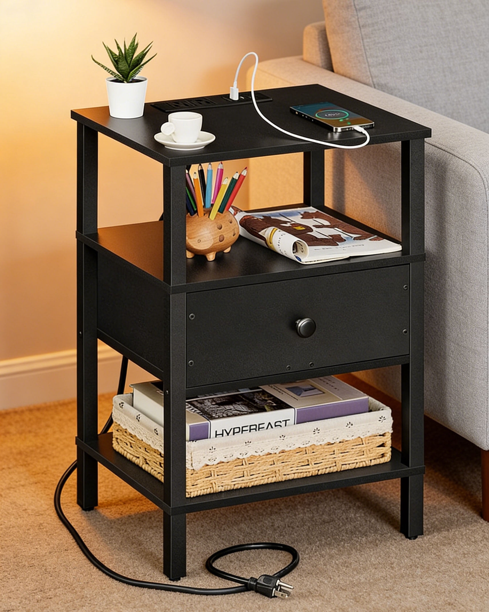 LEYAOYAO 3-Tier Narrow End Table with Charging Station, Wood Side Table for Living Room, Black