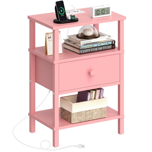 LEYAOYAO 3-Tier Narrow End Table with Charging Station, Wood Side Table for Living Room, Pink