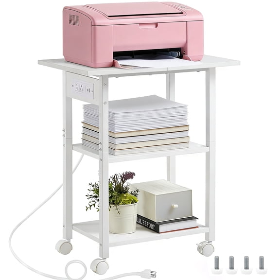 Leyaoyao 3-Tier Printer Stand with Charging Station, Computer Tower Stand, Metal Rolling Cart on Wheels for Case Printer, White