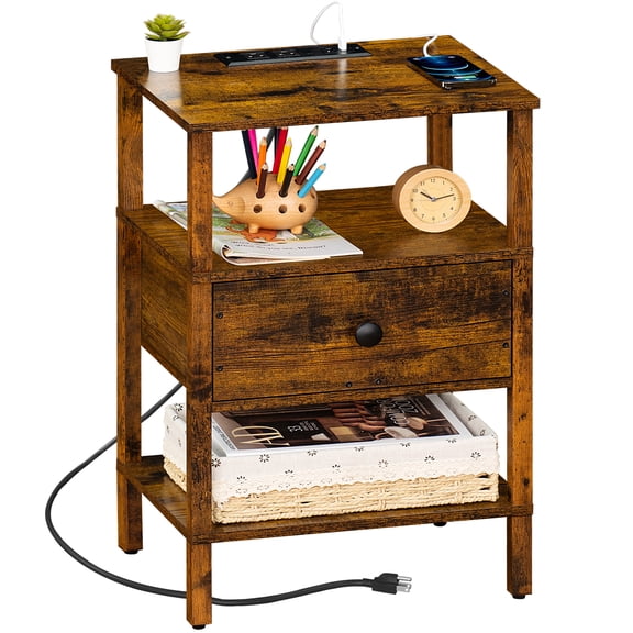 LEYAOYAO 3-Tier Side Table with Charging Station, End Table with 2 Outlets & 2 USB Ports, for Living Room, Rustic Brown