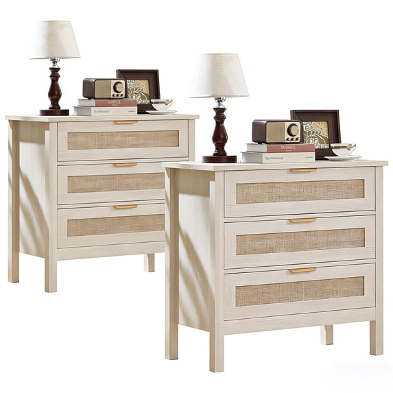 LEYAOYAO 31.5"W White 3-Drawer Nightstand Set of 2, Boho Rattan Bedside Table, End Table for Bedroom Entryway Living Room