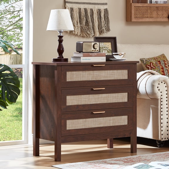 LEYAOYAO 31.5" Wide Rattan 3-Drawer Nightstand, Boho Walnut Bedside Table with Storage, Tall End Table Dresser for Bedroom, Living Room, Hallway