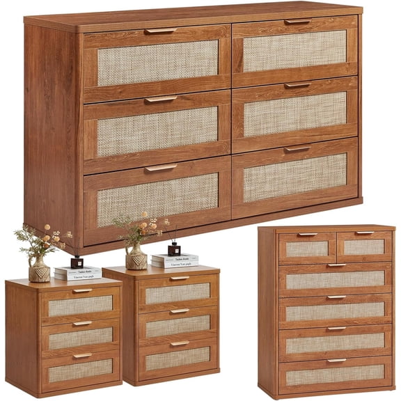LEYAOYAO 4 Pcs Bohemian Bedroom Furniture Set, Bedroom Set with 48"W Dresser, 3 Drawer Nightstands & 42"Tall Chest of Drawer, Coastal Farmhouse Style