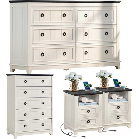 LEYAOYAO 4 Pcs Dresser Set, 5/6 Drawer Dresser & 2 Drawer Nightstand with Charging Station, Wooden Storage Organizer for Bedroom Living Room, White