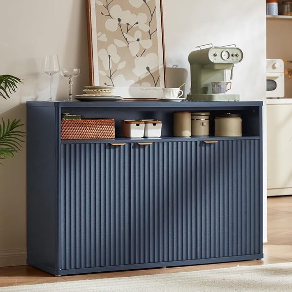 LEYAOYAO 45" Fluted Buffet Sideboard Cabinet with 3 Doors & Adjustable Shelves, Modern Storage for Living Room, Dining Room, Kitchen, Hallway, Blue